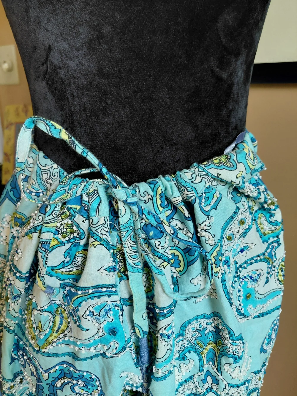 Women’s Light Blue Paisley Drawstring Pants With Bead Detail